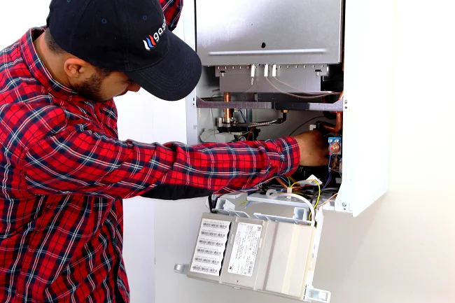 Un technicien chauffagiste effectue un entretien chaudiere 